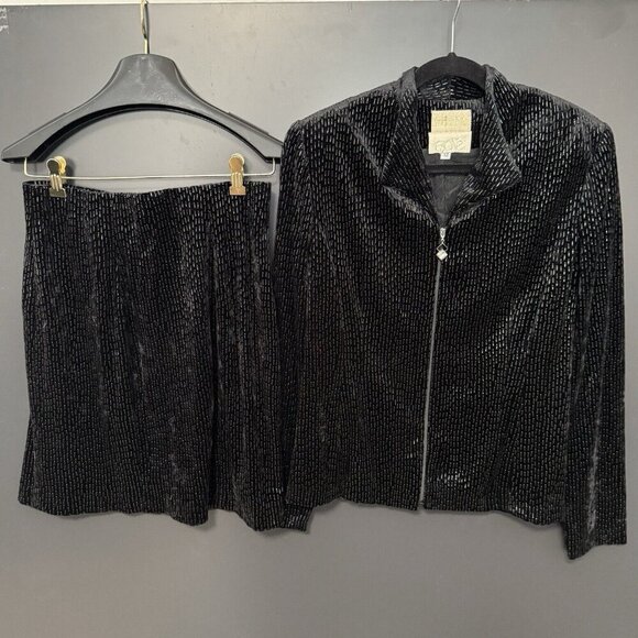 Vintage Alberto Makali Cache Black Textured Velour Palette Jacket Skirt Suit Set - Picture 1 of 16